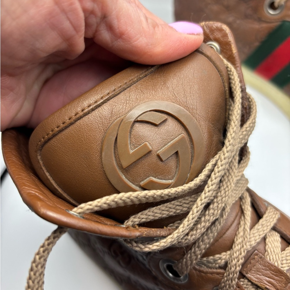 Gucci Guccissima High Top Sneakers Brown Leather Web Stripe Men’s 10.5 - Picture 7 of 13